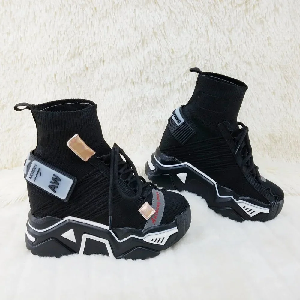 Wang Damson Black Knit Pull On Platform Sneaker Boots 4